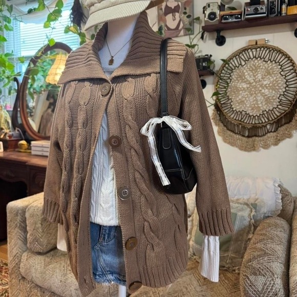 Croft & Barrow Brown Cable Knit Cardigan Sweater XL Oversized Button Front - Picture 6 of 8